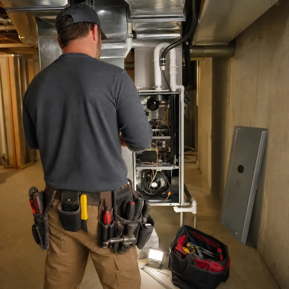 A man in a dark long-sleeve shirt and tool belt stands with his back to the camera facing an open furnace with exposed wiring and blower in a basement, with ductwork overhead, a gray electrical panel on the concrete wall, and a tool bag and work light on the floor.