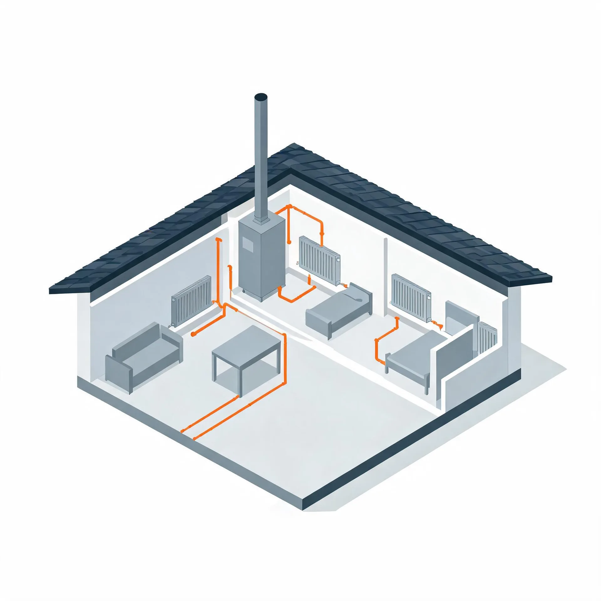 Isometric cutaway illustration of a single-storey house showing a boiler with a flue pipe, orange pipework running to wall-mounted radiators in several rooms furnished with a sofa, table and beds.