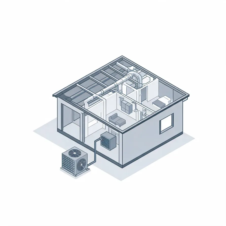 Isometric line illustration of a cutaway single-story building showing interior rooms, ceiling ductwork, an indoor air handler, and an outdoor condenser unit connected by a line set.