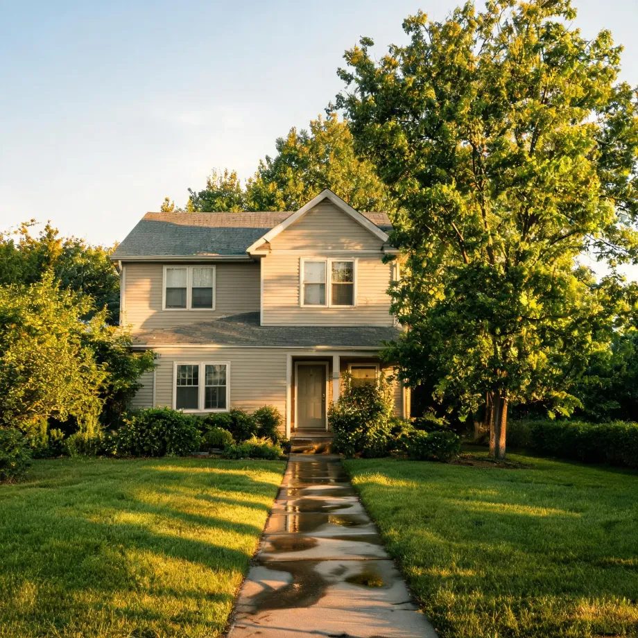 A two-story house with light beige siding and a gray shingled roof, fronted by a mowed lawn, shrubs, a large leafy tree at right, and a wet concrete walkway leading to the front door in low golden sunlight.