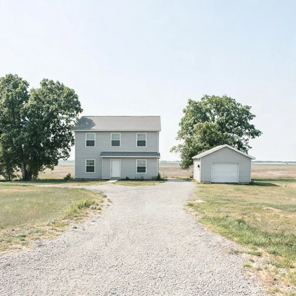 A two-story light gray sided house with a gabled roof stands beside a separate white detached garage, flanked by large deciduous trees, with a gravel driveway in the foreground and flat grassy fields behind under a pale sky.