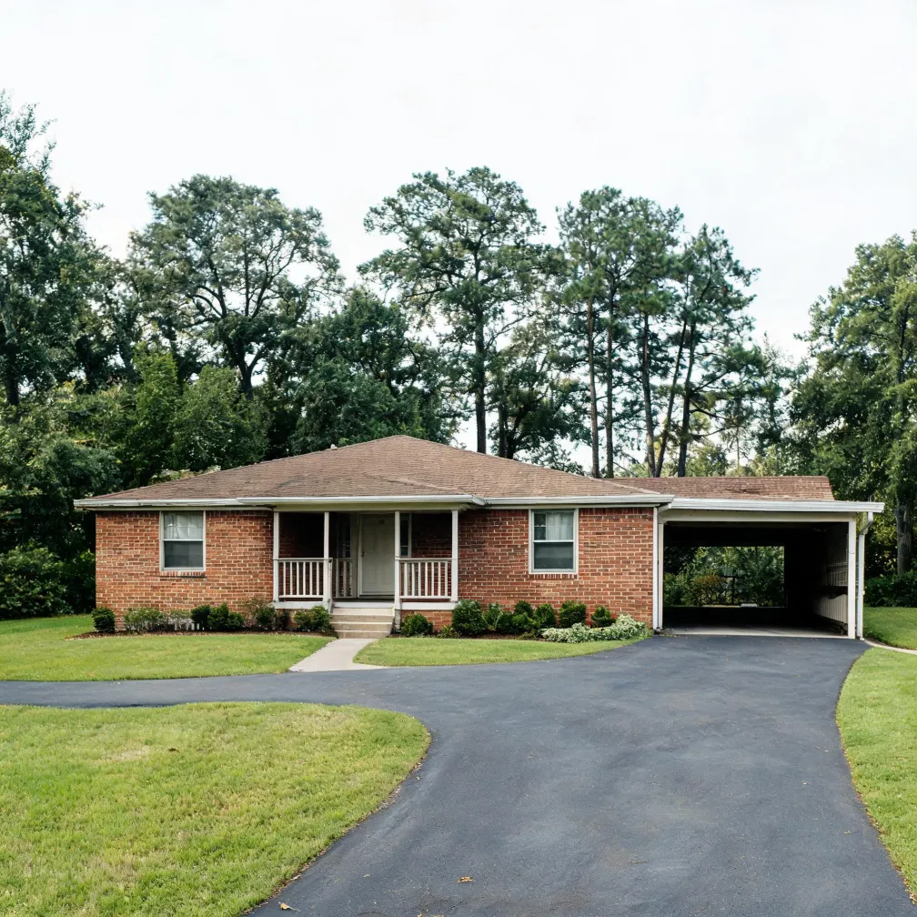 Single-story red brick ranch house with a shingled hip roof, small covered porch, attached carport on the right, and a curving asphalt driveway crossing a mowed lawn, with tall trees behind.