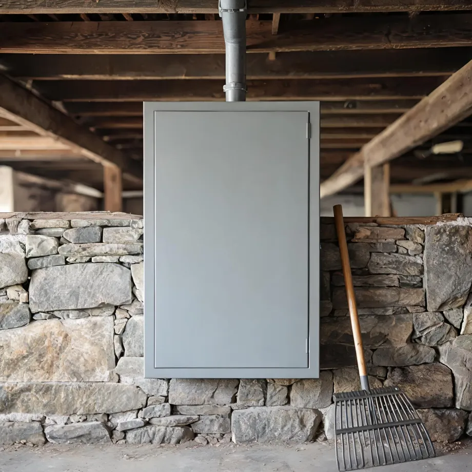 A large blank gray panel or door stands against a dry-stacked stone foundation wall under wooden floor joists, with a metal pipe behind it and a rake leaning at right.