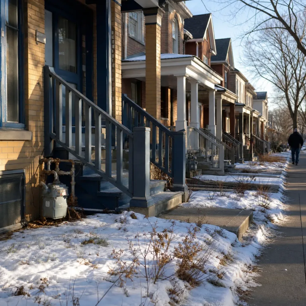 A row of brick houses with covered porches and railed front steps along a sidewalk, with patchy snow and dry weeds in the front yards and a person walking away in the distance.