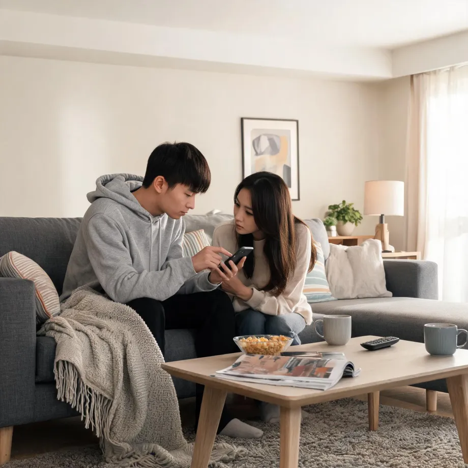 A young man and woman sit close together on a grey sofa in a living room, looking at a smartphone, with a wooden coffee table holding mugs, a bowl of snacks, a remote and magazines in front of them.