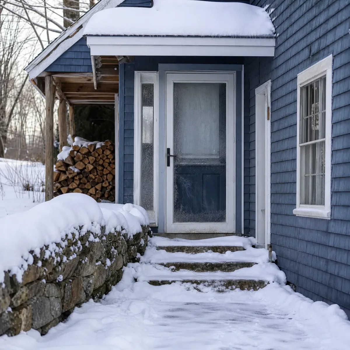 Snow-covered stone steps lead to a white storm door on a blue shingled house, with a stacked woodpile and snow-topped stone wall beside the path.