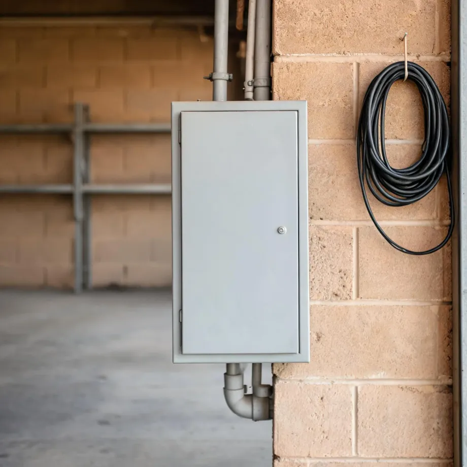 A gray metal electrical panel box mounted on a tan concrete block wall with conduit pipes above and below, and a coiled black cable hanging on the wall to the right.