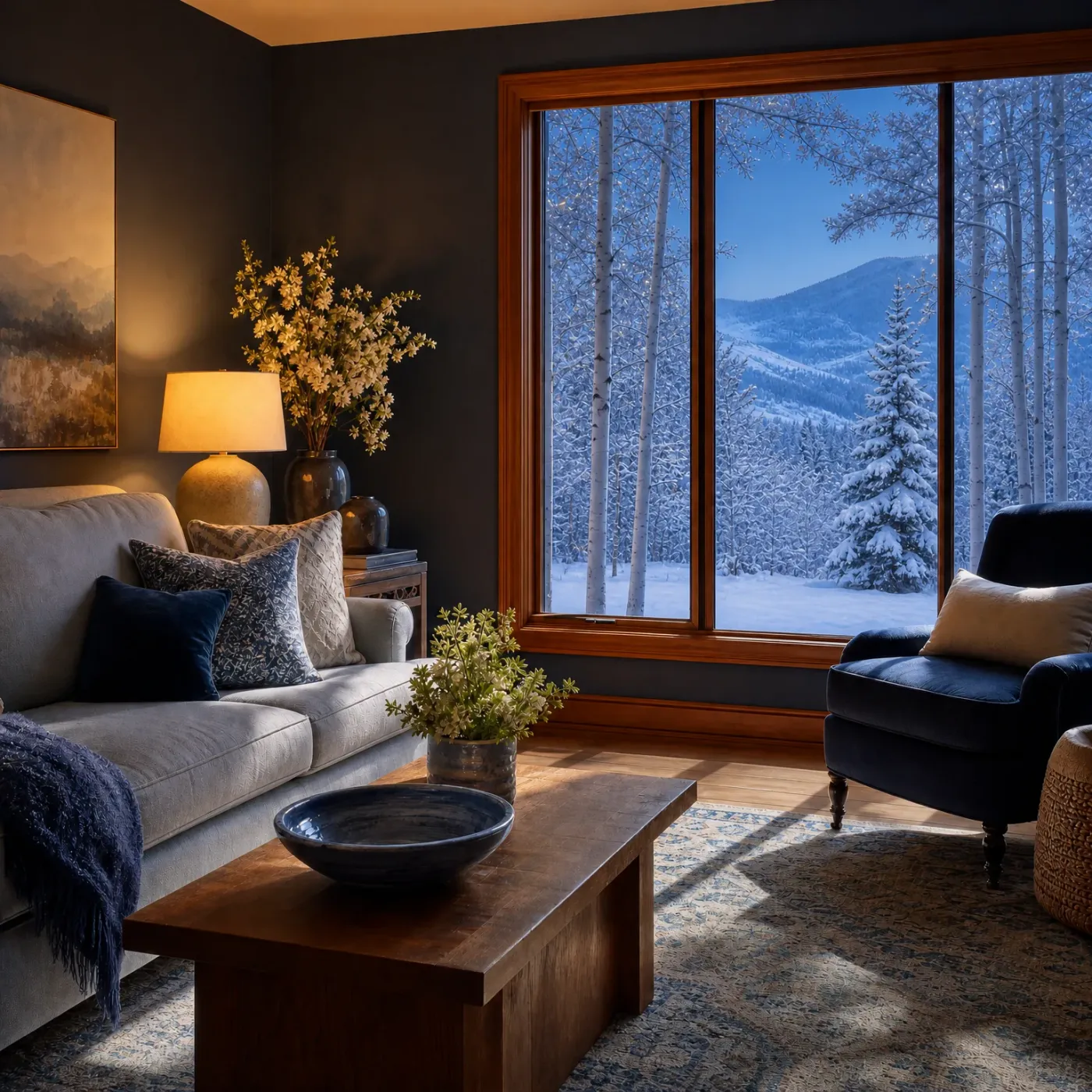 A lamp-lit living room with a light sofa, navy armchair, wooden coffee table holding a dark bowl and potted plant, and a large wood-framed window showing snow-covered trees and hills.