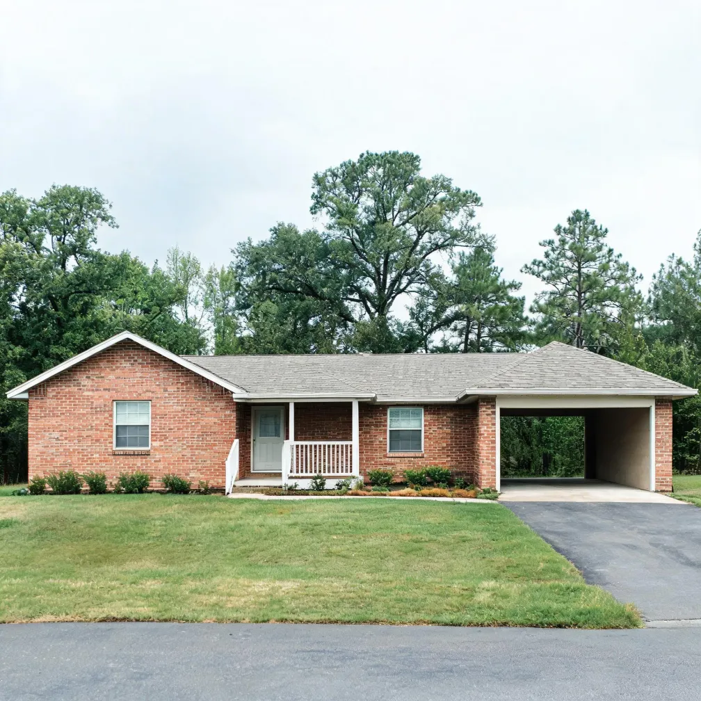 A single-story red brick house with a gray shingled roof, small covered front porch with white railing, attached carport with paved driveway, mowed lawn in front, and tall green trees behind under an overcast sky.