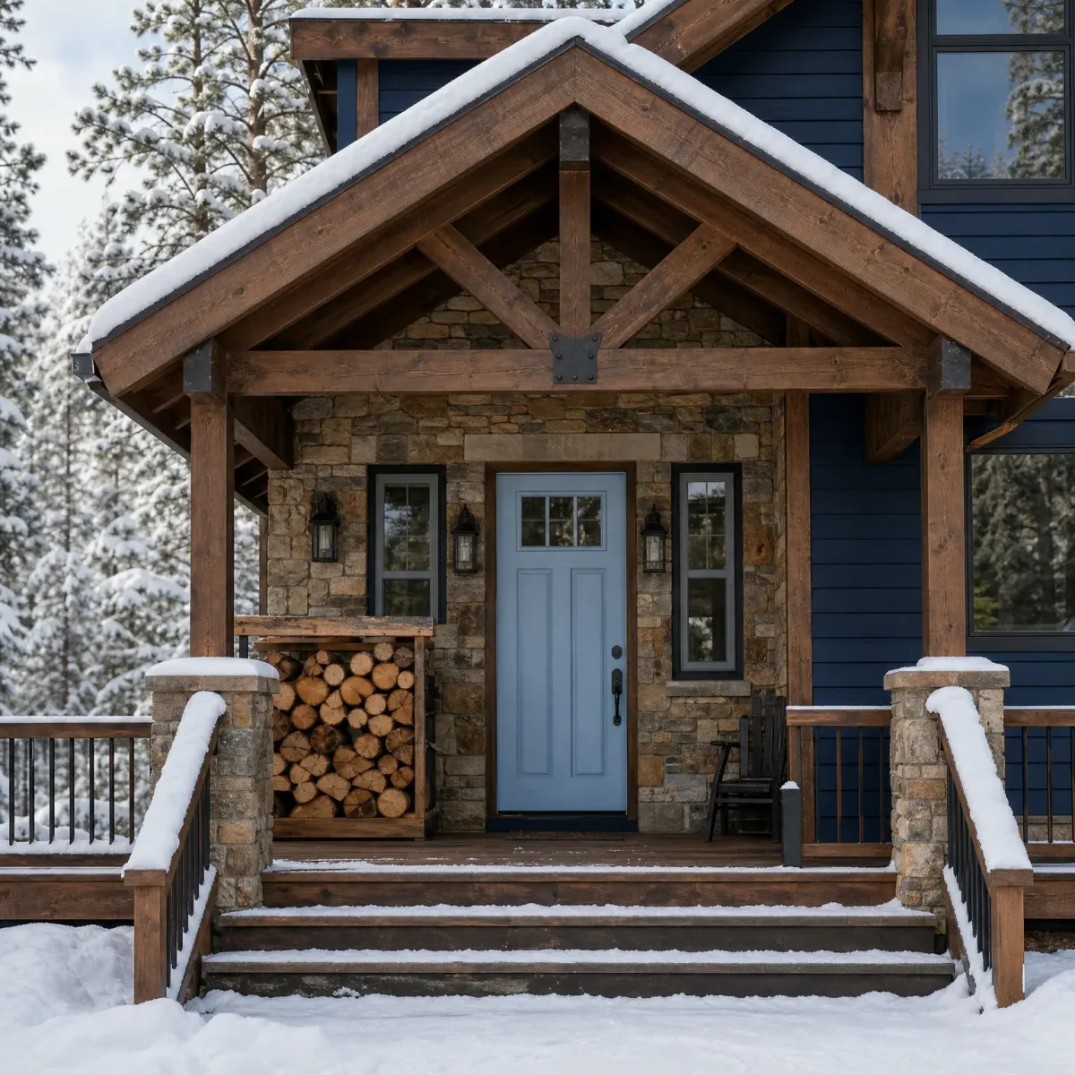Snow-covered covered entry porch of a navy-sided house with heavy timber trusses, stone veneer walls, a light blue front door, stacked firewood, and wooden steps with railings, surrounded by snowy conifers.