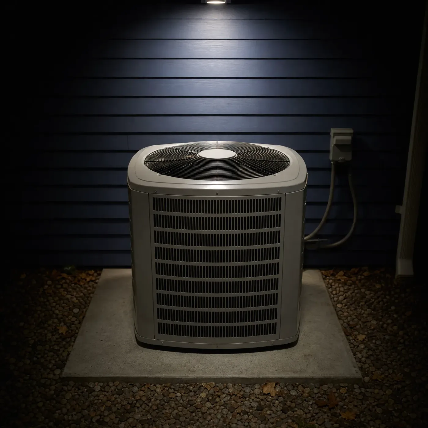 An outdoor air conditioner condenser unit on a concrete pad against a dark horizontal-siding wall at night, lit by an overhead light, with a wall-mounted disconnect box and conduit to the right and gravel with fallen leaves around the pad.