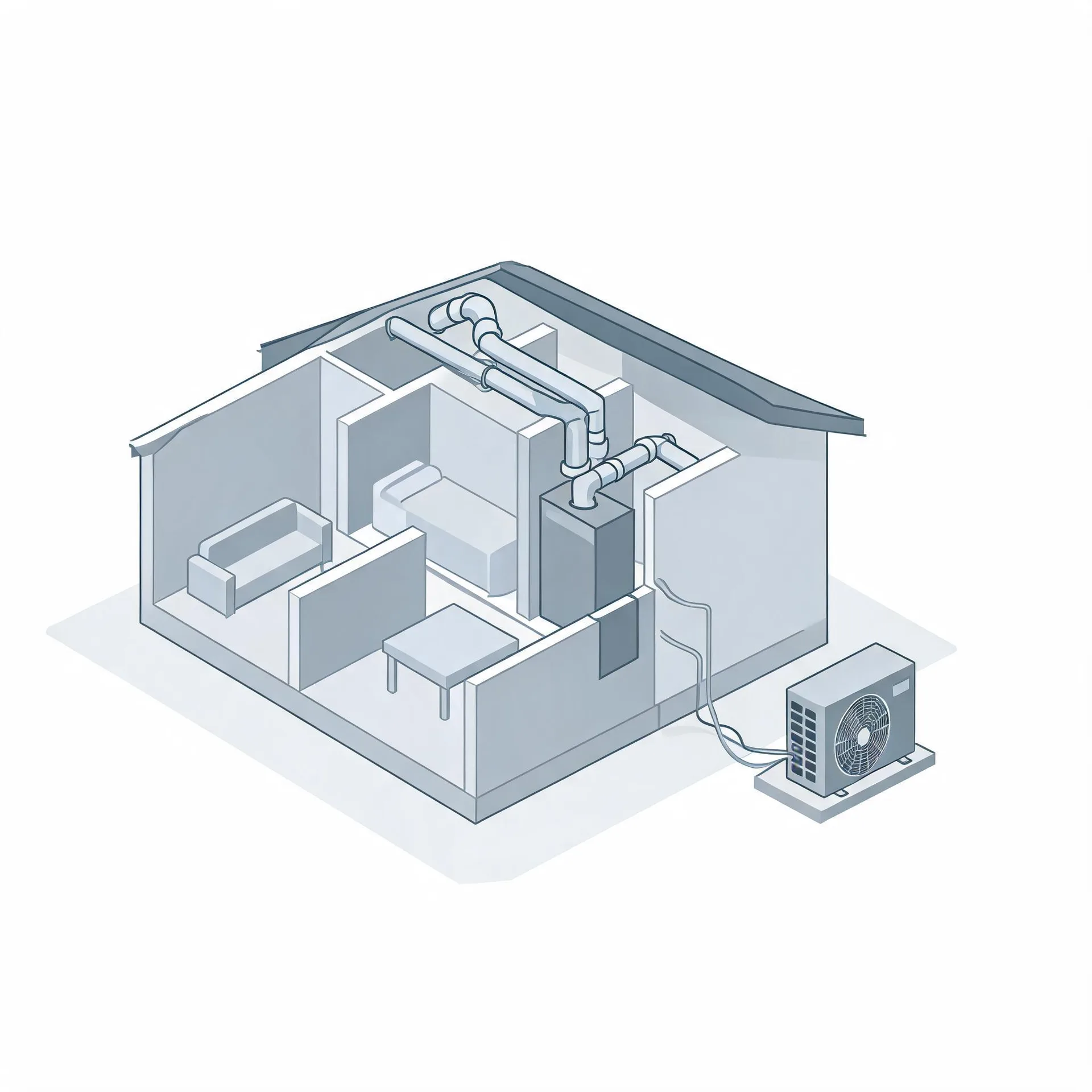 Isometric line illustration of a cutaway house showing interior rooms with furniture, ceiling ductwork connected to an indoor air handler, and a line running outside to an outdoor condenser unit.