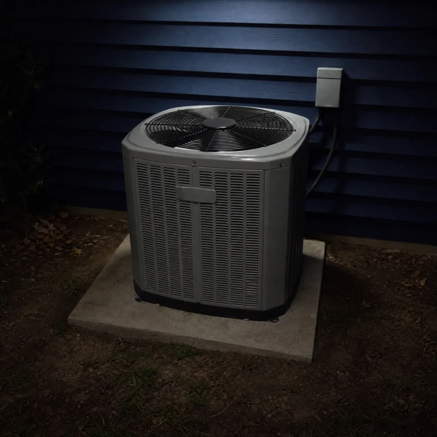 A gray outdoor air conditioner condenser unit on a concrete pad beside a dark blue horizontal lap-sided wall at night, with a wall-mounted disconnect box and conduit above it.