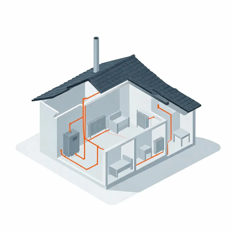 Isometric cutaway illustration of a single-story house with a dark shingled roof and flue pipe, showing a gray boiler connected by orange pipes to radiators in several rooms with simple furniture.