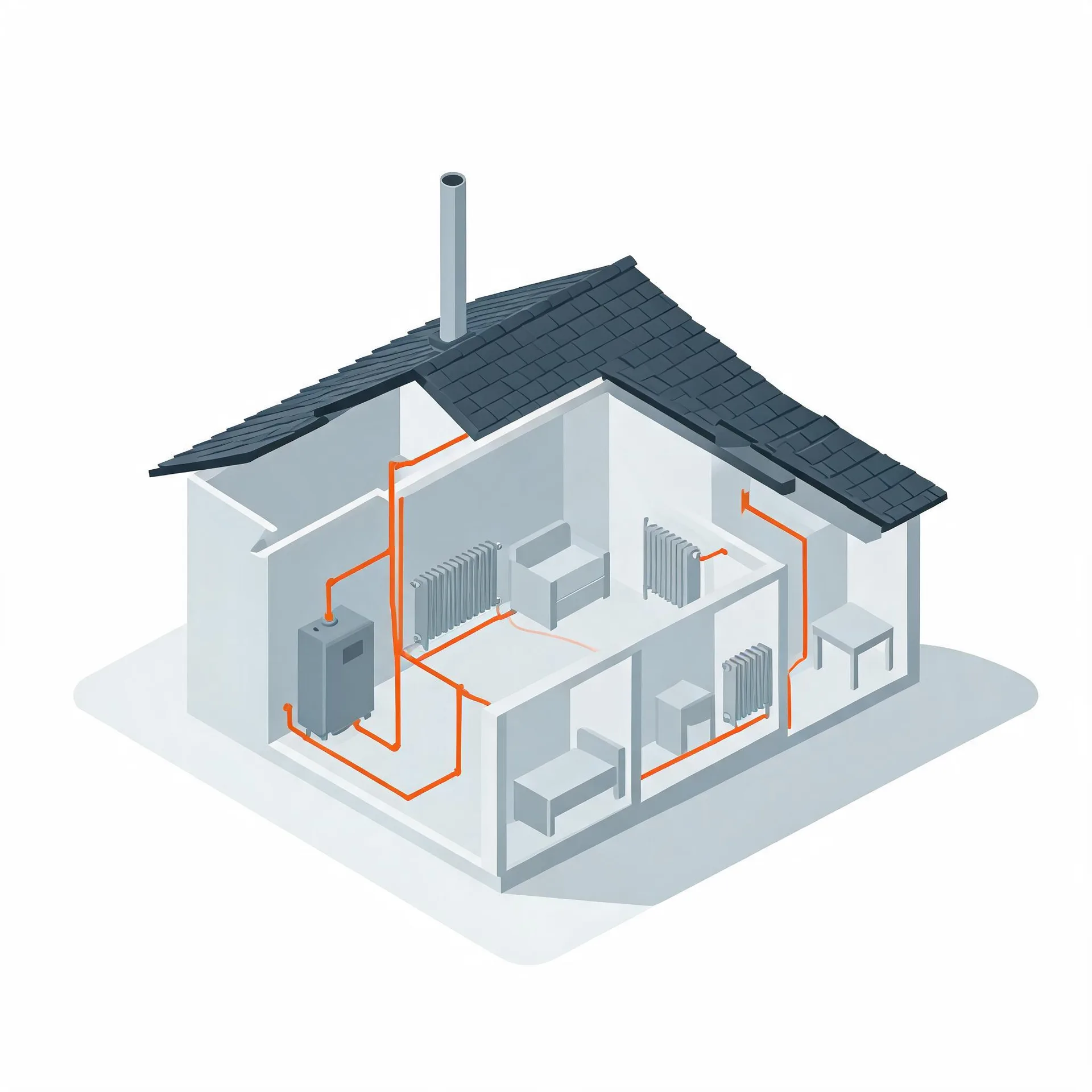 Isometric cutaway illustration of a single-story house with a dark shingled roof and flue pipe, showing a gray boiler connected by orange pipes to radiators in several rooms with simple furniture.