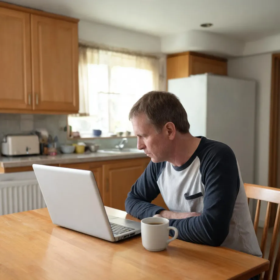 A man in a navy and white raglan shirt sits at a wooden kitchen table looking at an open laptop, with a white mug of coffee beside him and wooden cabinets, a sink and a white refrigerator behind.