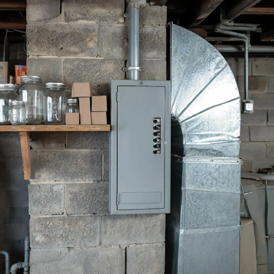 A gray electrical panel mounted on a concrete block basement wall beside a large galvanized sheet-metal duct, with a wooden shelf holding glass jars and cardboard boxes at left.