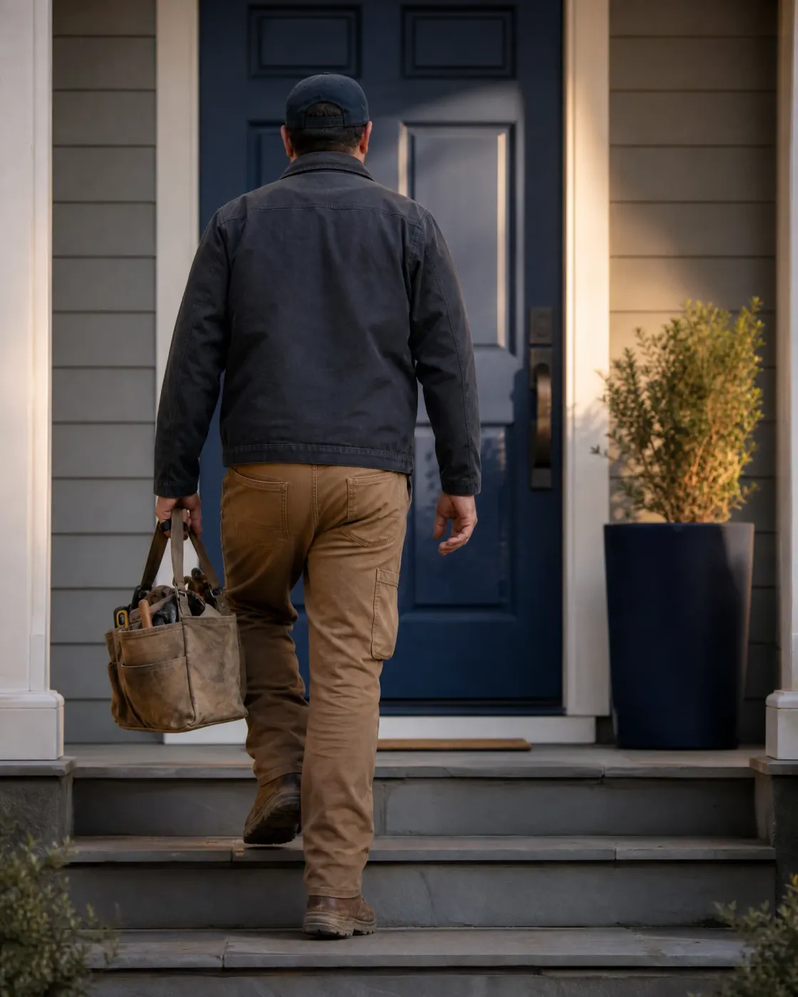A man in a dark jacket, cap and tan work pants carries a canvas tool bag up stone steps toward a navy front door, with a potted shrub beside the entry.