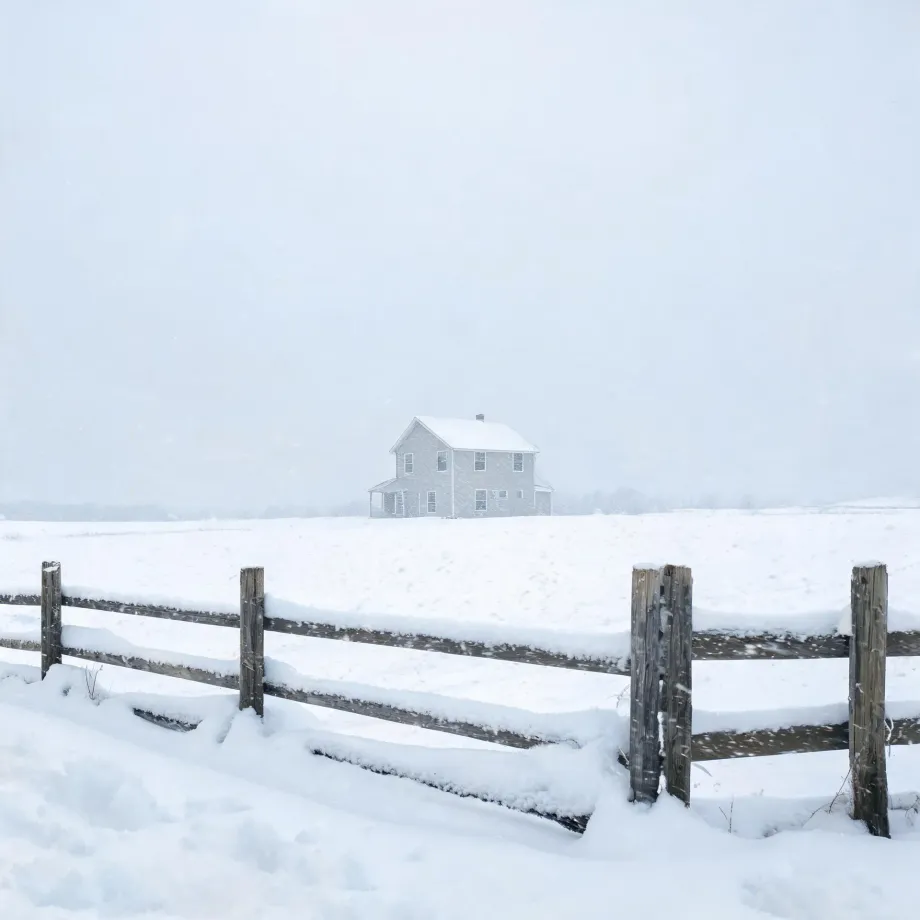 A two-story light-colored house stands alone in a snow-covered field under a pale sky, with a weathered wooden rail fence in the foreground.