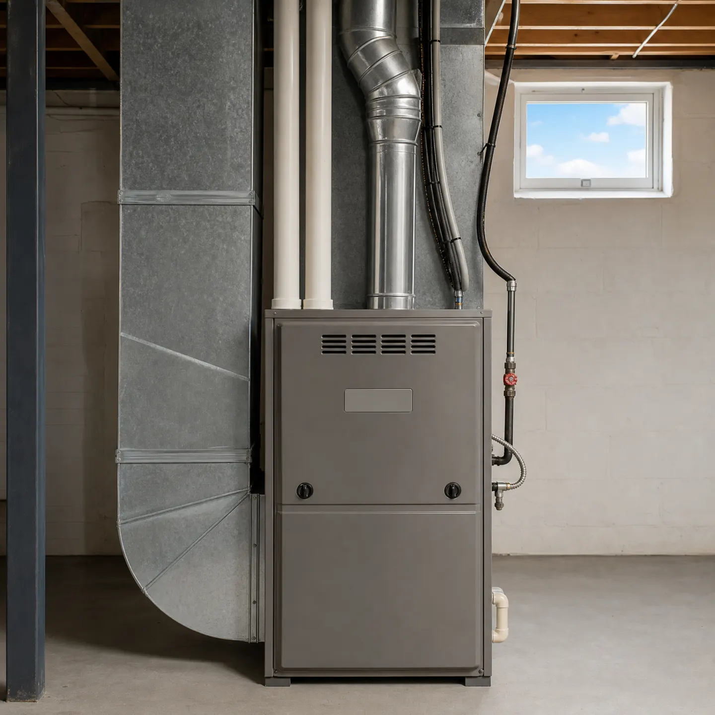 A gray residential gas furnace installed in an unfinished basement, surrounded by ductwork, a metal flue pipe, and a gas supply line.