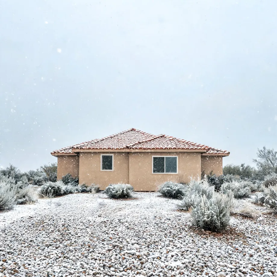 A single-story tan stucco house with a red tile hipped roof stands in falling snow, surrounded by frost-covered desert shrubs and a gravel ground under a pale overcast sky.