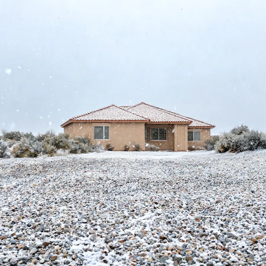 A single-story tan stucco house with a red tile roof stands behind a broad gravel yard dusted with snow, with low shrubs on either side and snow falling under an overcast white sky.
