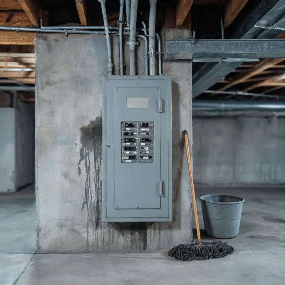 A gray electrical breaker panel mounted on a stained concrete basement wall with conduit running to exposed wood joists above, a mop leaning beside a metal bucket on the floor.