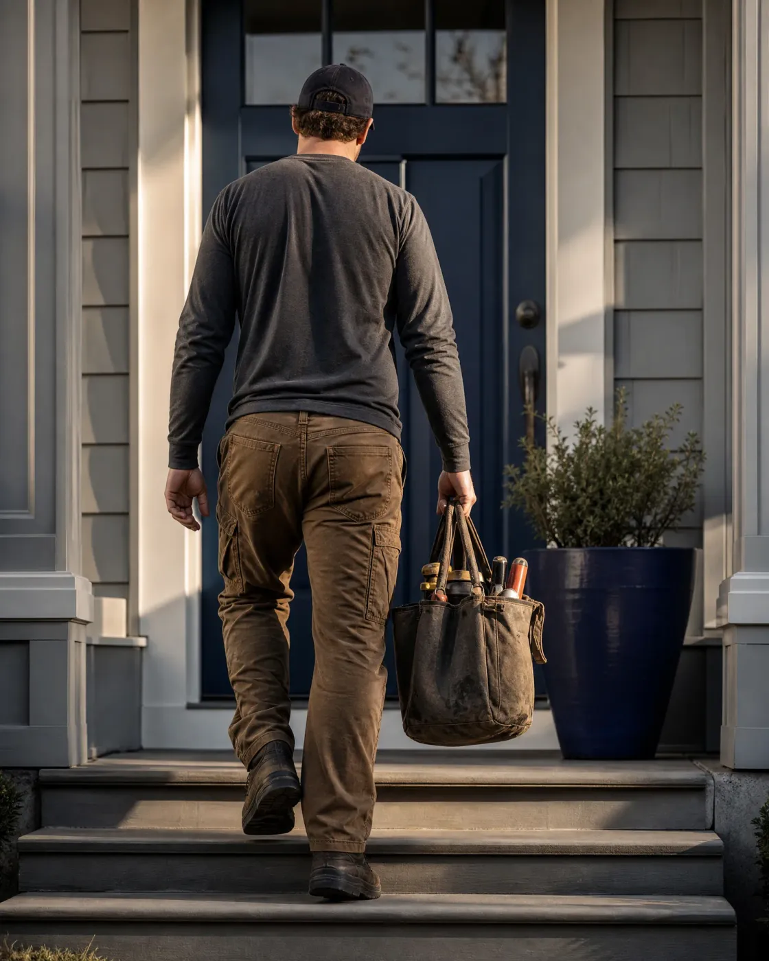 A man in a cap, gray long-sleeved shirt and brown work pants walks up concrete steps toward a dark blue front door, carrying a worn canvas tool bag beside a potted shrub.