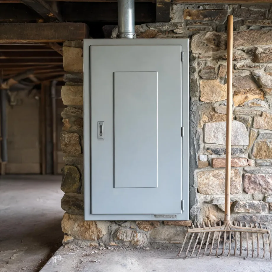 A closed gray electrical panel mounted on a stone basement wall, with a metal duct above it and a wooden-handled rake leaning against the stone to the right.