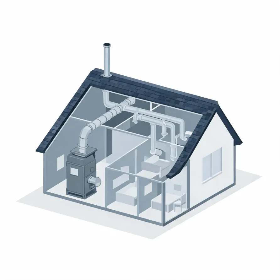 Isometric cutaway illustration of a small house showing a gray furnace unit with a flue pipe through the roof and branching ductwork running to rooms with simple furniture.