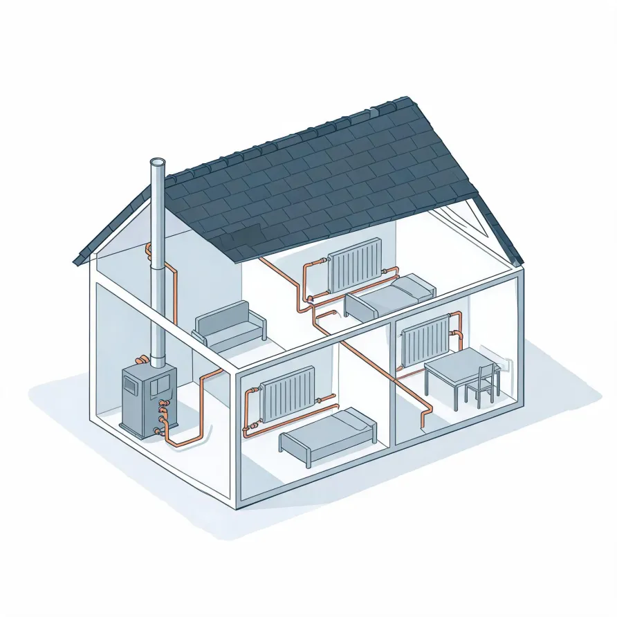 Isometric cutaway illustration of a small two-storey house showing a boiler with flue pipe, copper pipework running to radiators in several rooms, and simple furniture such as beds, a sofa and a table.