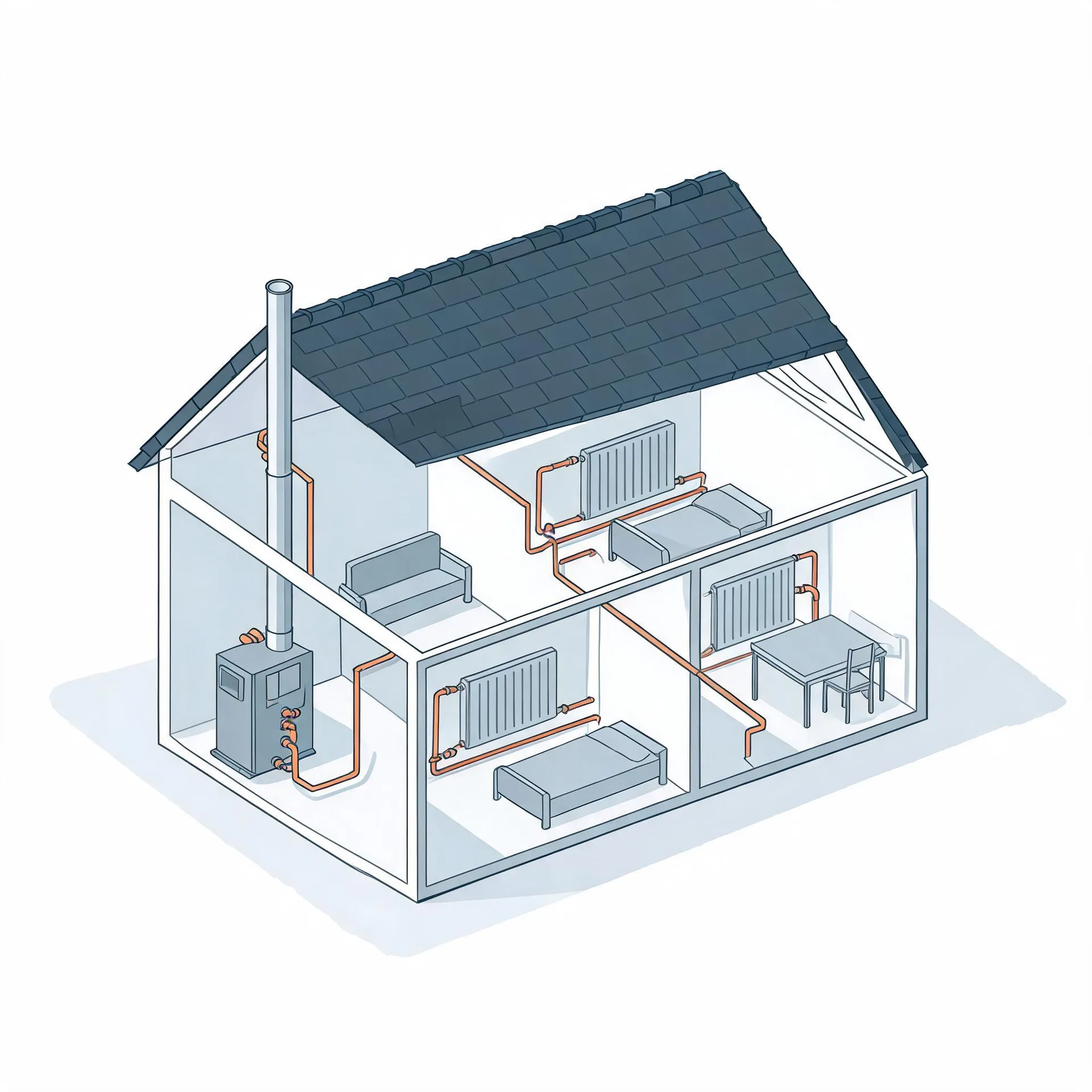 Isometric cutaway illustration of a small two-storey house showing a boiler with flue pipe, copper pipework running to radiators in several rooms, and simple furniture such as beds, a sofa and a table.