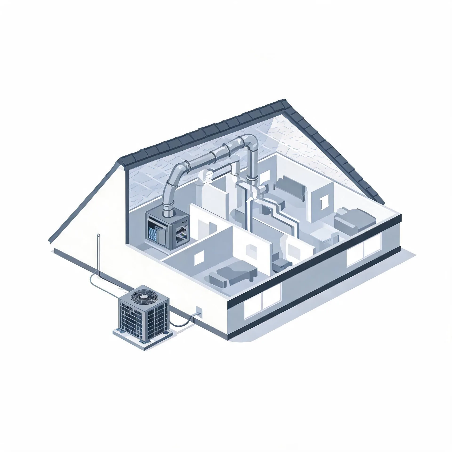 Isometric illustration of a cutaway house showing interior rooms, an attic furnace with large ducts, and an outdoor condenser unit connected by a line set, on a white background.