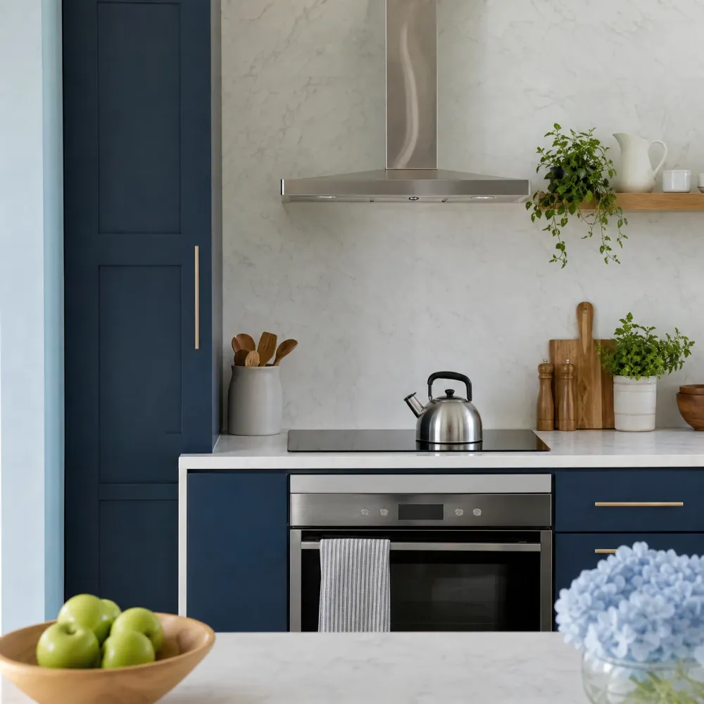 A kitchen with navy cabinets, white marble-look counters and backsplash, a stainless range hood over an induction cooktop with a kettle, a wall oven with a striped towel, utensils, cutting boards, potted plants, a bowl of green apples and blue hydrangeas in the foreground.