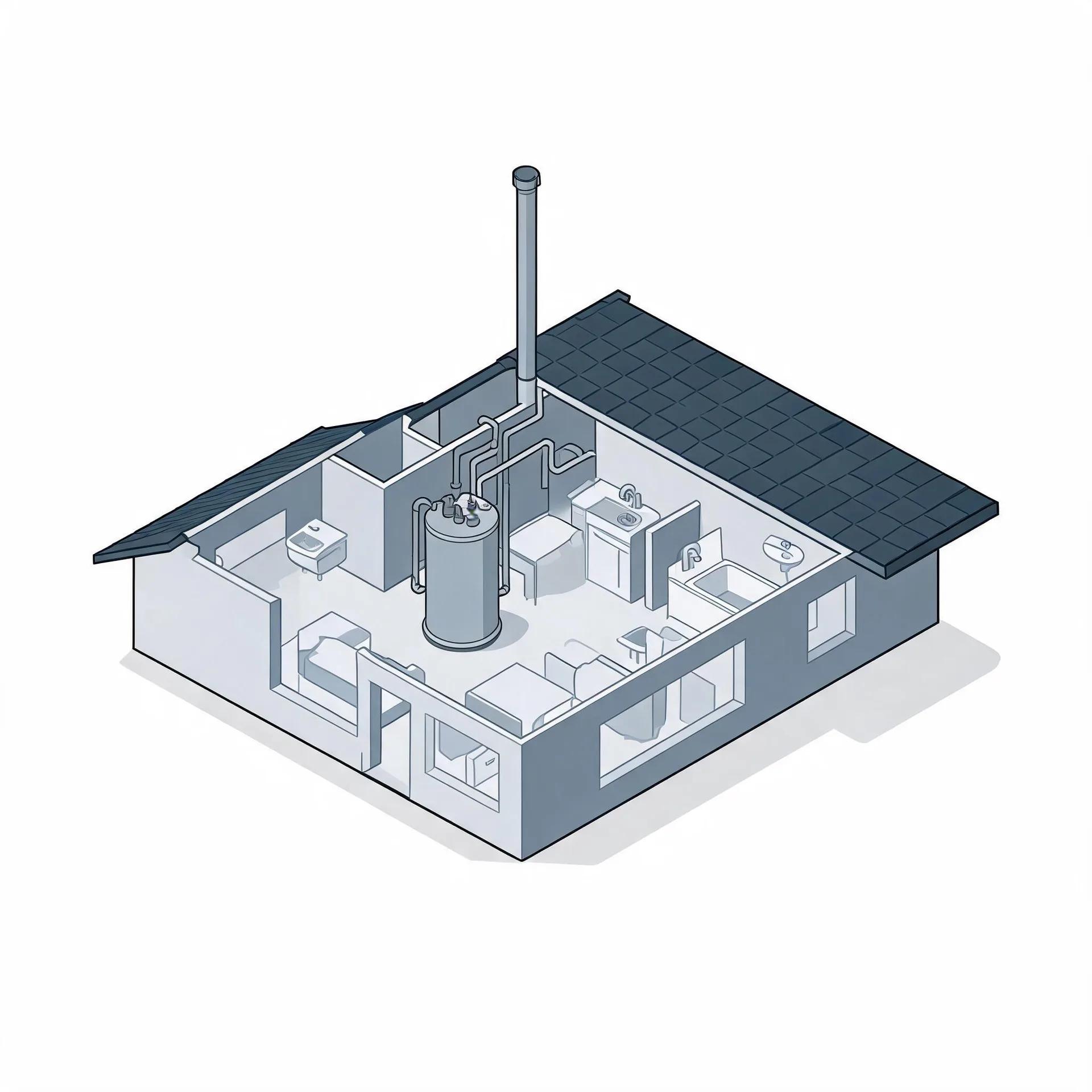 Isometric grayscale illustration of a cutaway single-story house showing interior rooms with a sink, toilet, bed and furniture, and a central cylindrical water heater tank connected to pipes and a tall vent stack extending above the roof.