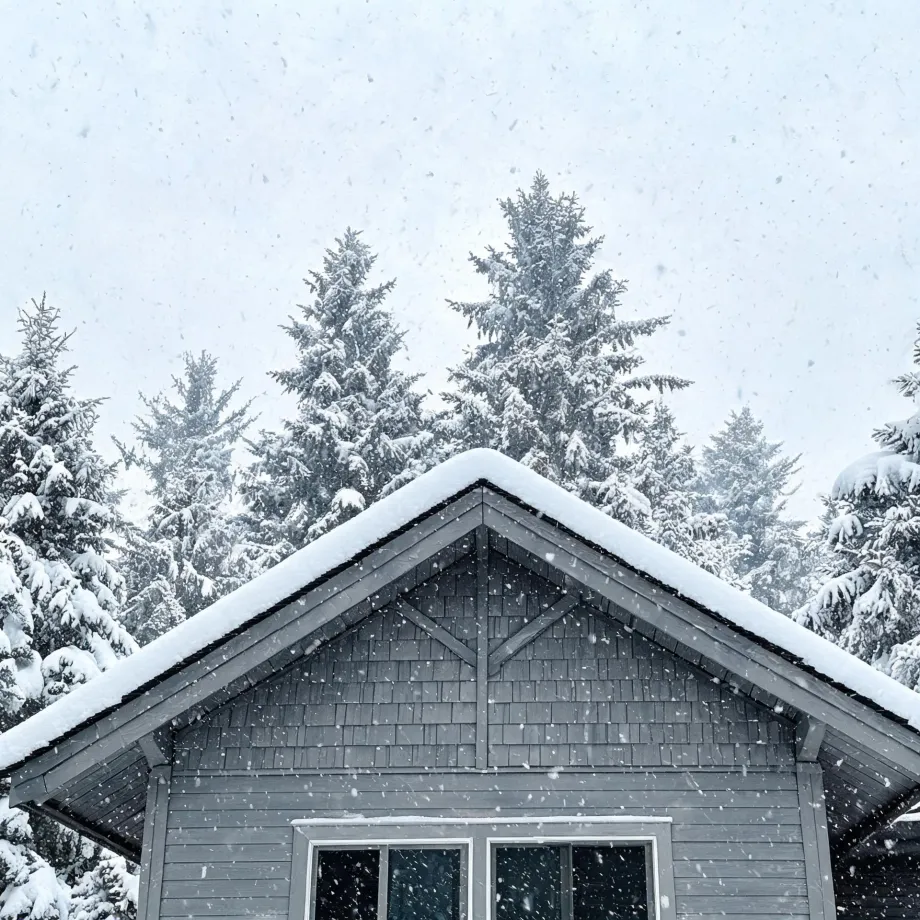 The snow-covered gable end of a gray shingled and clapboard house with a window below, backed by snow-laden conifers during falling snow.