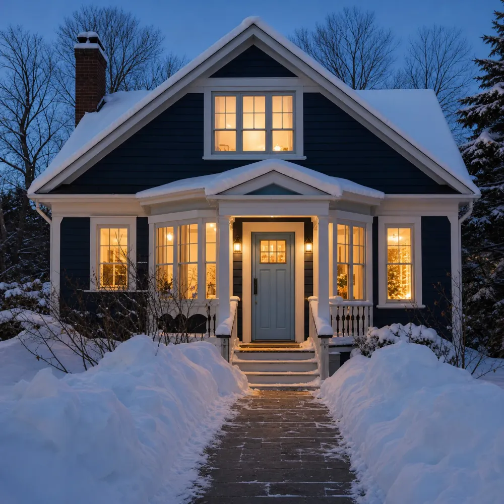 A dark navy two-story house with white trim, lit windows, a covered porch and brick chimney, surrounded by deep snow with a cleared paved walkway leading to the front steps at dusk.