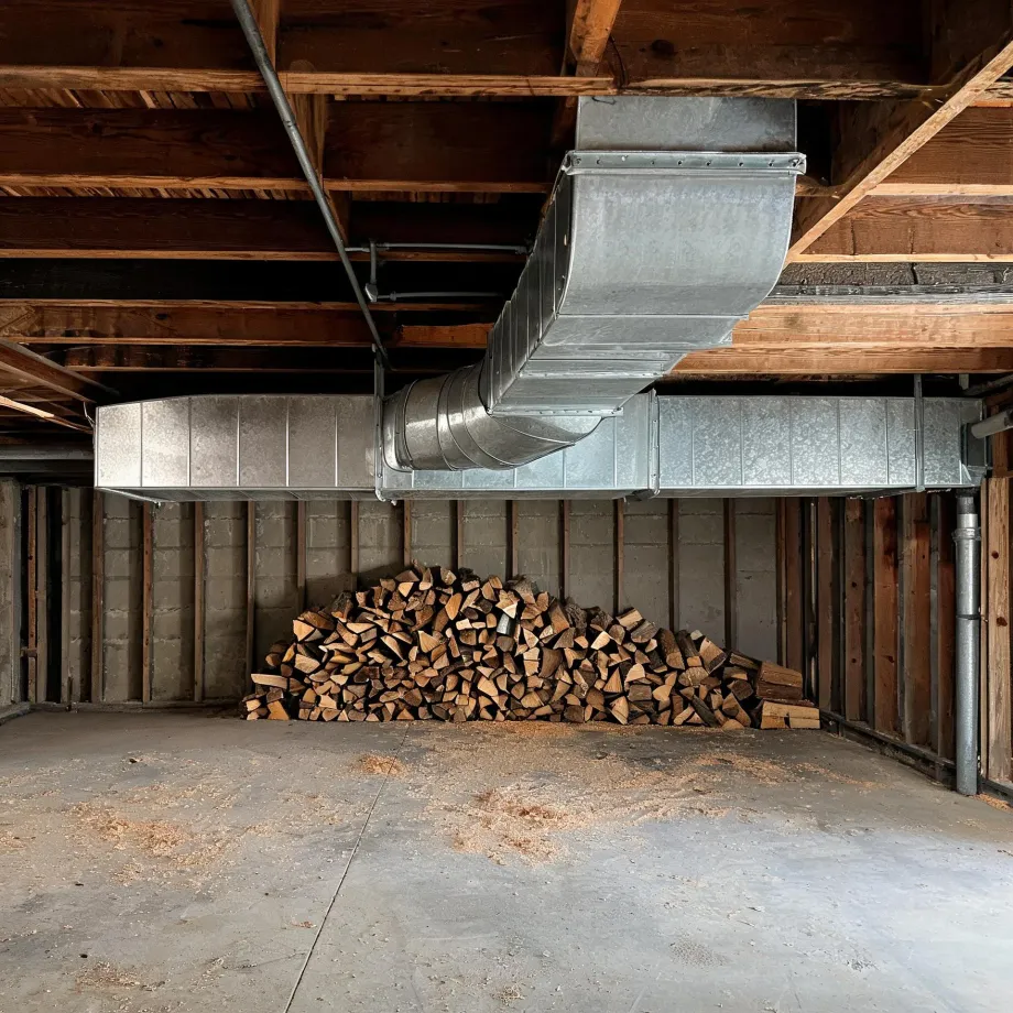 Unfinished basement with exposed wood joists, galvanized sheet-metal ductwork running across the ceiling, a stacked pile of split firewood against a concrete block wall, and a bare concrete floor with scattered debris.