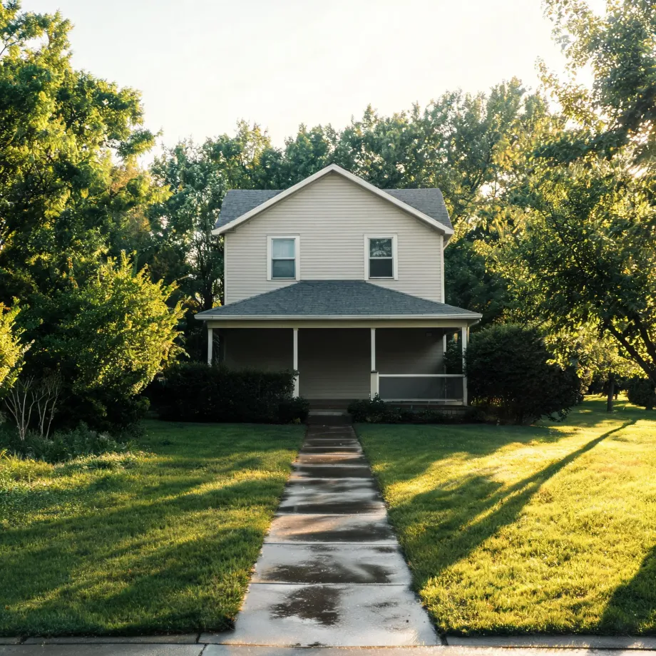A two-story cream-colored house with a covered front porch and gray shingled roof, fronted by a concrete walkway crossing a green lawn, with large leafy trees on both sides in late-day light.