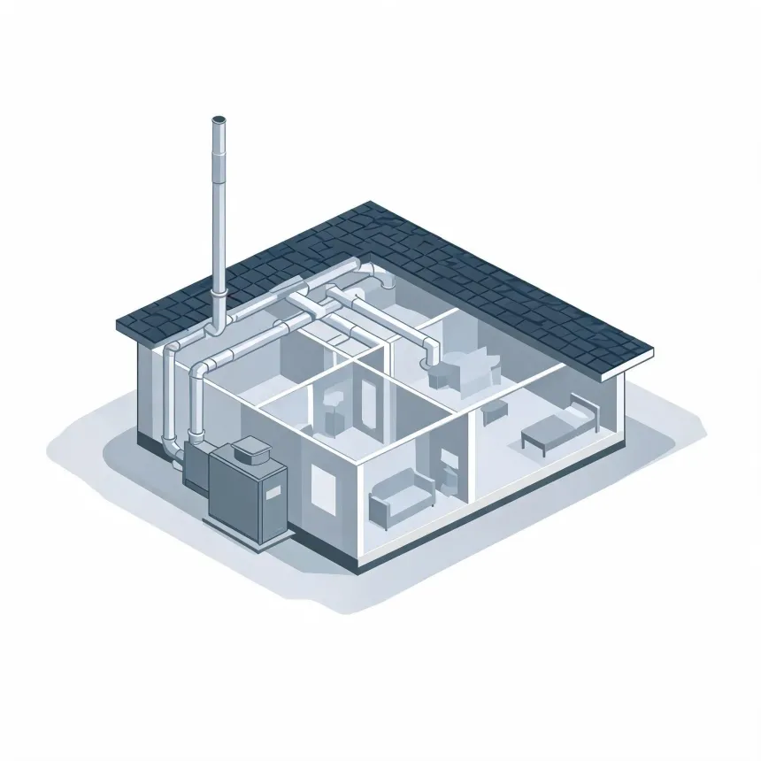 Isometric cutaway illustration of a single-story house with a dark shingled roof, showing interior rooms with furniture, a ducted air distribution system, a tall vertical flue pipe, and a gray furnace unit outside the wall.
