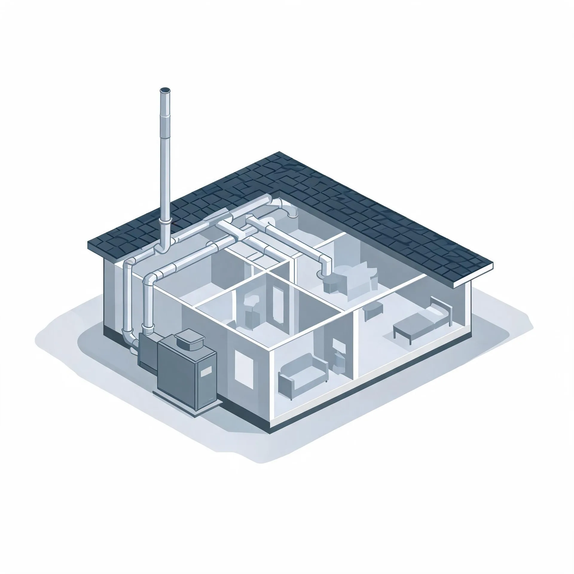Isometric cutaway illustration of a single-story house with a dark shingled roof, showing interior rooms with furniture, a ducted air distribution system, a tall vertical flue pipe, and a gray furnace unit outside the wall.