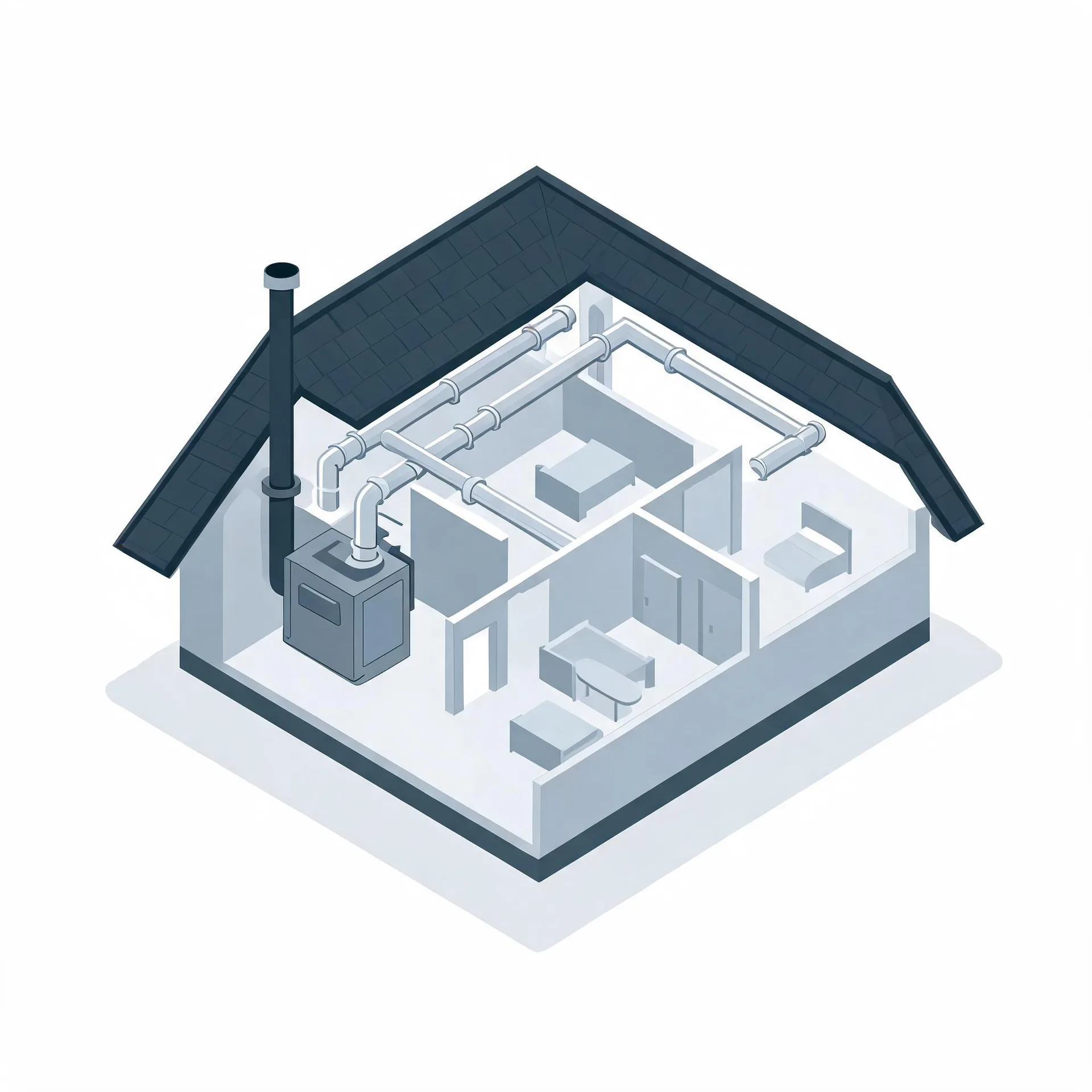 Isometric illustration of a cutaway house showing a dark furnace unit with a flue pipe and branching ductwork running through rooms with simple furniture under a dark gabled roof.