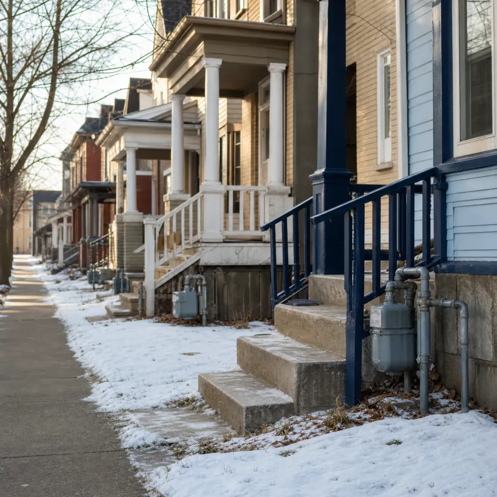 A row of attached houses with porches, columns and painted railings along a sidewalk, with concrete front steps, exterior gas meters and piping, and snow on the ground.