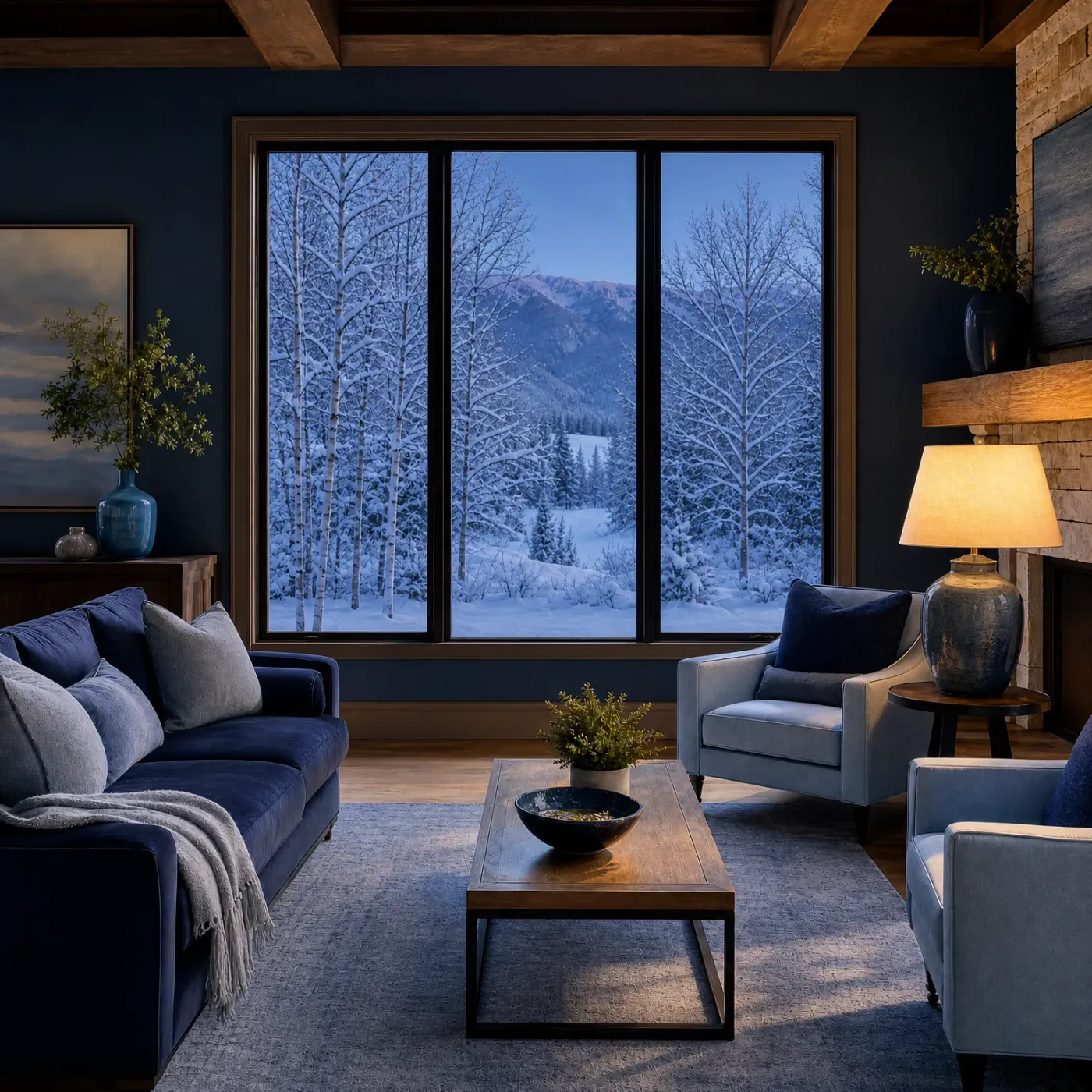A dark-walled living room with a navy sofa, two light blue armchairs, a wooden coffee table and a lit table lamp, facing a large three-pane window showing snow-covered trees and distant mountains.