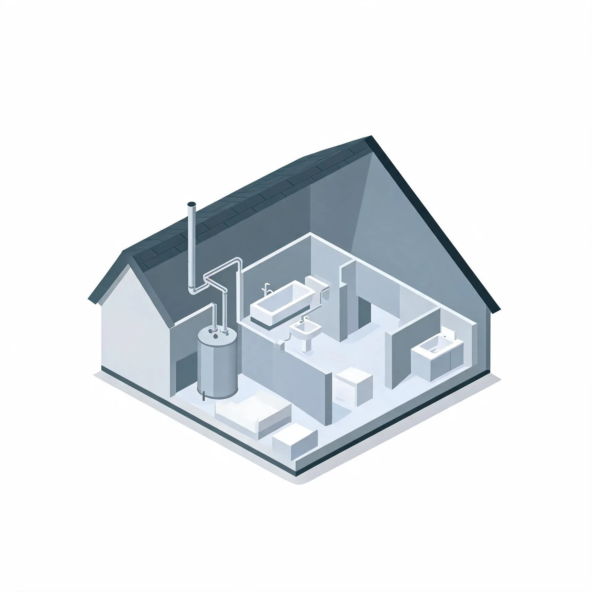 Isometric cutaway illustration of a gray house showing an interior with a cylindrical water heater and flue pipe, a bathtub, sink, toilet and other fixtures, on a white background.