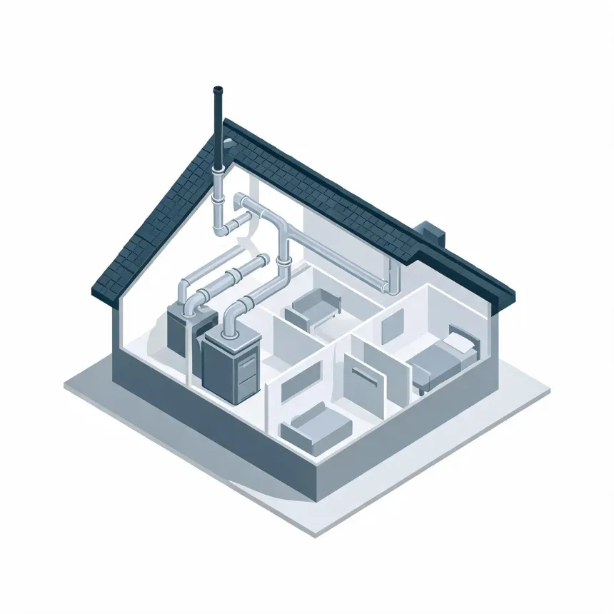 An unfinished basement featuring a grey forced-air furnace with metal ductwork, concrete block walls, exposed wooden joists, and a single hanging bare bulb.