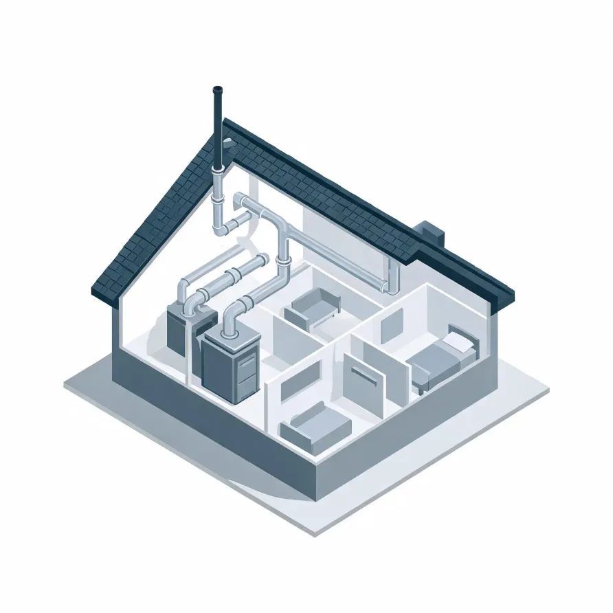 Isometric illustration of a cutaway house showing a furnace unit with ductwork and a flue pipe running through the interior rooms, which contain simple furniture.