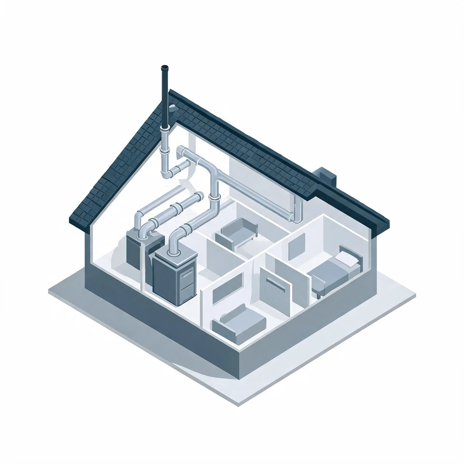 Isometric illustration of a cutaway house showing a furnace unit with ductwork and a flue pipe running through the interior rooms, which contain simple furniture.