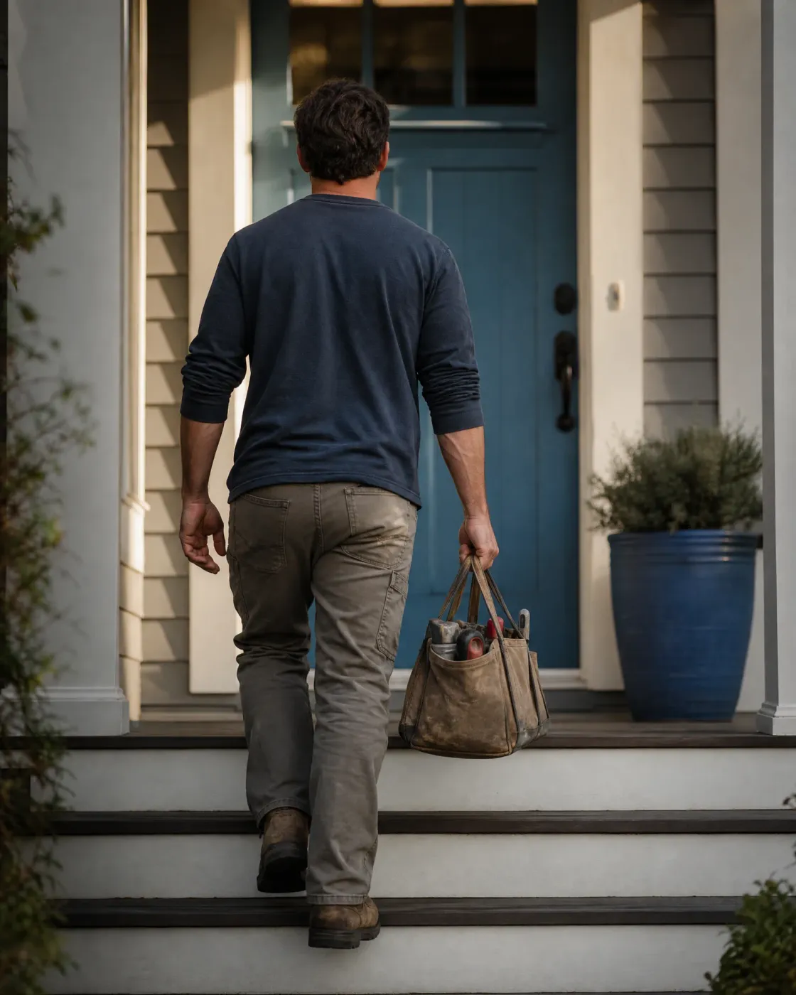 A man in a navy long-sleeve shirt and tan work pants, seen from behind, carries a canvas tool bag up light-colored porch steps toward a blue front door.