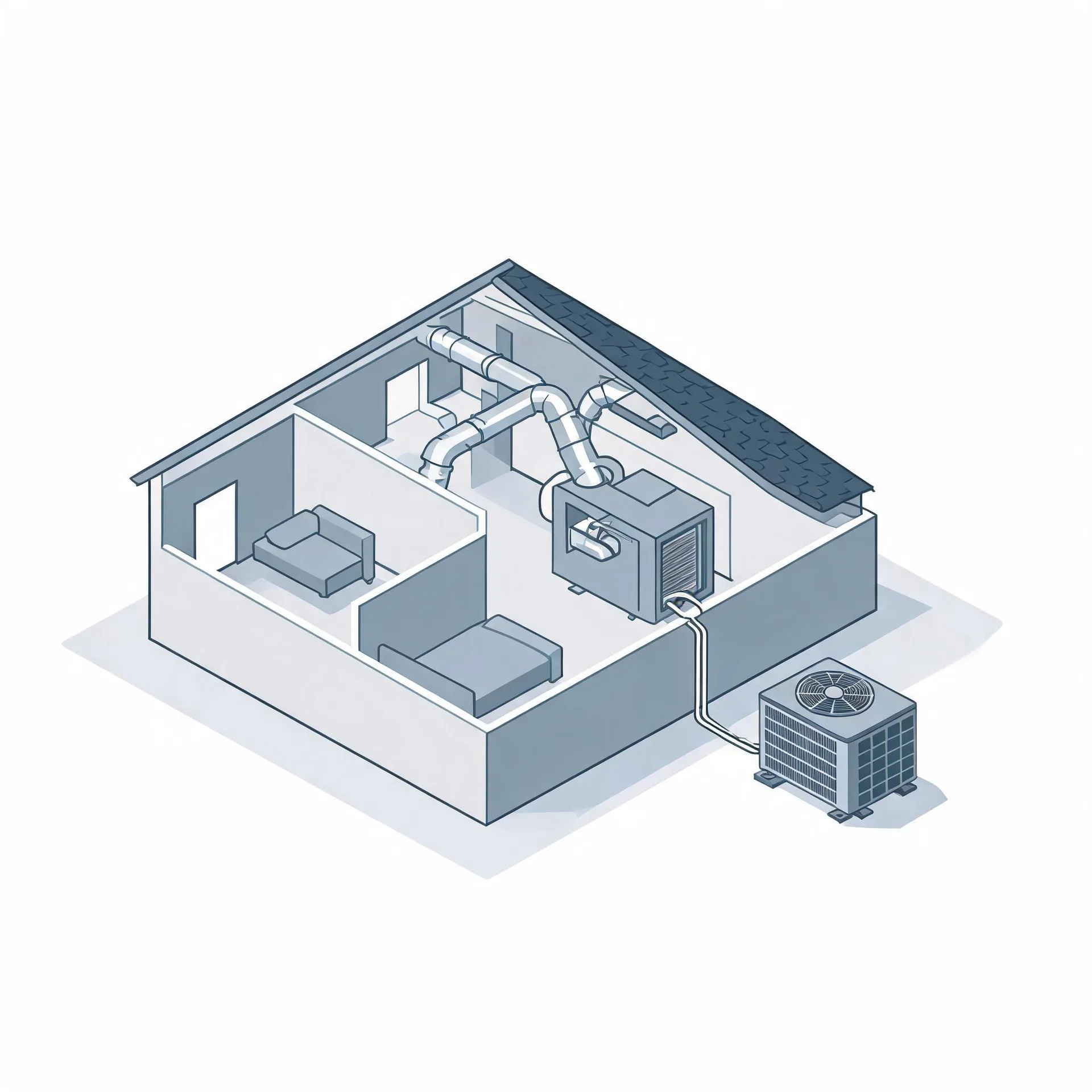 Isometric line illustration of a cutaway house showing an indoor air handler with branching ducts in the attic space, connected by a line set to an outdoor condenser unit beside the building, with simple furniture in two rooms.